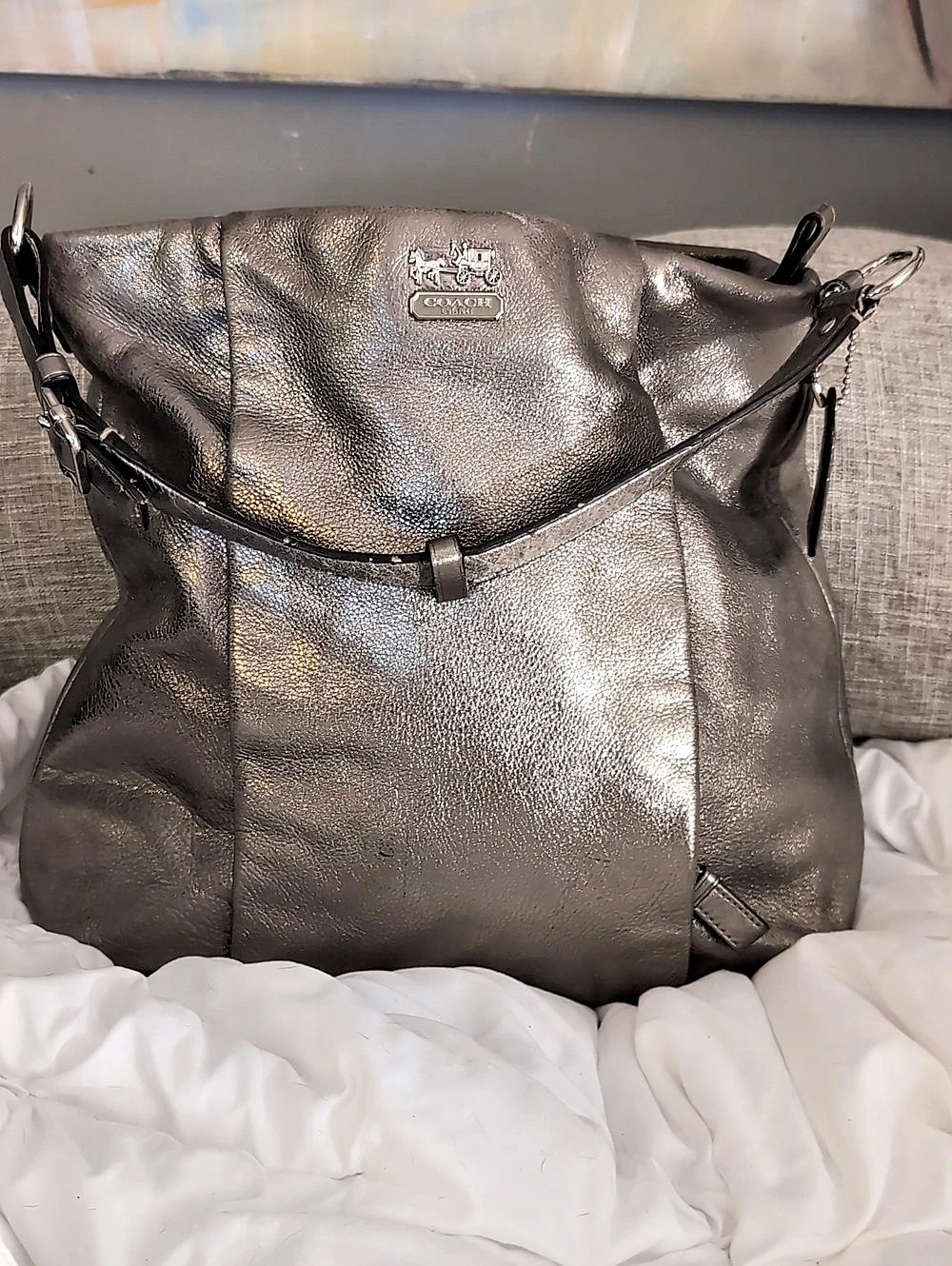 Coach Metallic Gray Leather-Texture Hobo Bag